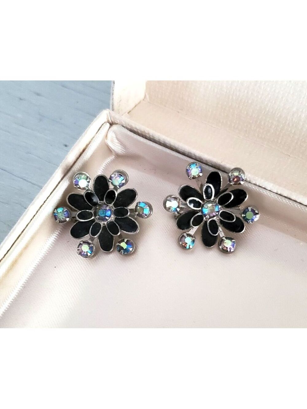 Vintage Pair of Mini Black Enamel AB Floral Brooches Pins